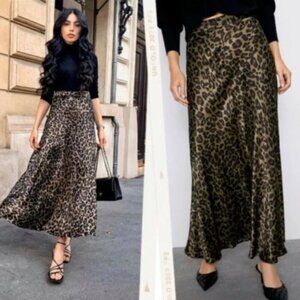 Zara Leopard Print Satin Effect Midi Skirt Animal Size Medium